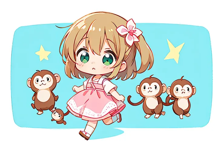 watase Seizo style, Kawaii Design, The most beautiful girl of all time、Chibi, stroll、cute monkeys, 