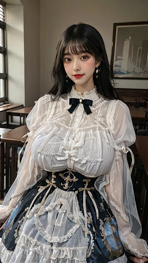 ((masterpiece:1.2、highest quality、Tmasterpiece))、1 female、alone、classroom、Day、(Korean Idol:1.2)、(Are standing:1.4)、Black Hair、cute、Wavy Hair、Medium Hair、Beautiful legs、break、((dress:1.4))、(Big Breasts:1.5)、(black tights)、Hoop Earrings、corset、lipstick、Pleat...