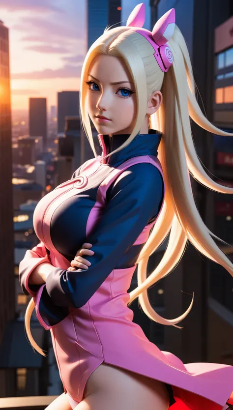 ((ino naruto and d.va merged:1.3)), merged, sexy, half body, metropolitan background, sunset, sexy attire, (high quality), (masterpiece), negative_hand