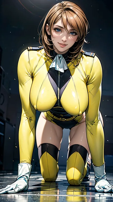 (masterpiece),(highest quality),(Very detailed),(High resolution),(Photorealistic Stick),(Realistic),(8k),(((SFW:1.5))),wallpaper,Perfect lighting,BREAK(One Woman),((MoriYuki:1.5)),(MoriBodysuit, yellow bodysuit, belt:1.5),(MoriUniform, white gloves, milit...