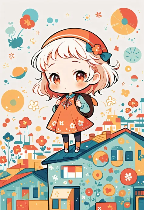 Yomu style, Standing on the roof，Girl with backpack on rooftop，My backpack is full of happy spring，Simple Line Initialism，Abstract art，Urban Background, (((The most beautiful girl))), (((chibi)))