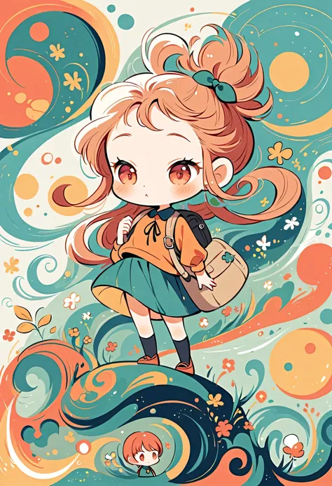 Yomu style, Standing on the roof，Girl with backpack on rooftop，My backpack is full of happy spring，Simple Line Initialism，Abstract art，Urban Background, (((The most beautiful girl))), (((chibi)))