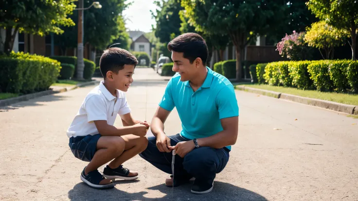 A young boy helping his father on a beautiful, bright day filled with happiness and energy.