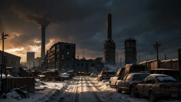 Dramatic lighting, chiaroscuro, post-apocalyptic, view from ground level, Russian city, rubble, no cars, black smoke from industrial chimneys, column of hundreds of prisoners in ragged clothes and shackled together, wooden watchtowers, debris, deep snow, d...