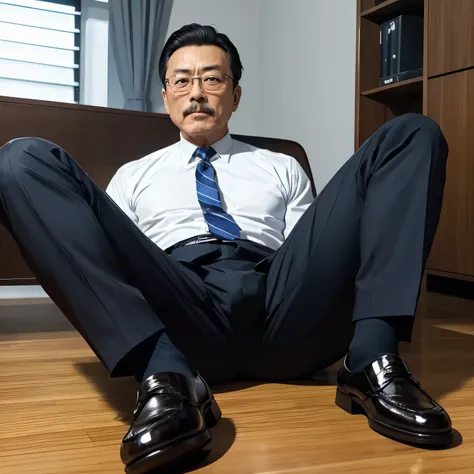 55 years old，Kogoro Mori，uncle，，Convex，in office，Black socks，anti-slip leather shoes，beard，toughness，HD，artwork，Full of enjoyment，Very shy，exposed，Spread your legs and straighten them，Wearing a suit，Gender-sexy trousers，Huge pectoral muscles with masculine...