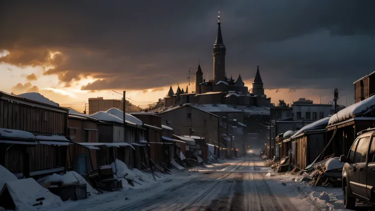 Dramatic lighting, chiaroscuro, post-apocalyptic, view from ground level, Russian city, rubble, no cars, black smoke from industrial chimneys, hundreds of prisoners in ragged clothes and shackled together, wooden watchtowers, debris, deep snow, daytime but...