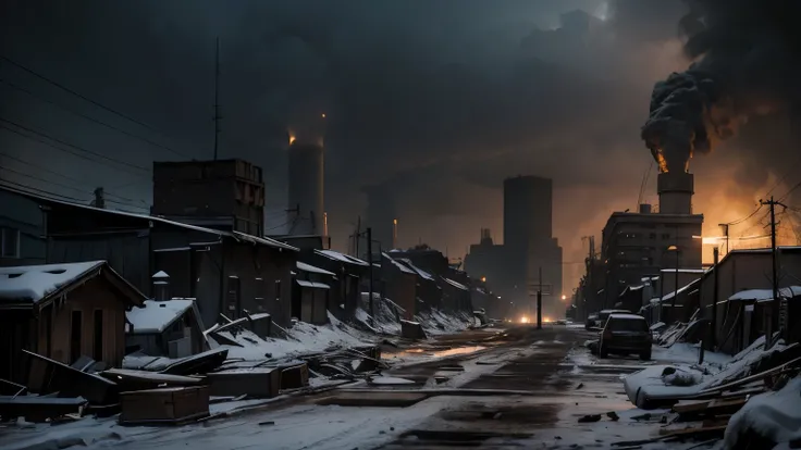 Dramatic lighting, chiaroscuro, post-apocalyptic, view from ground level, Russian city, rubble, no cars, black smoke from industrial chimneys, hundreds of prisoners in ragged clothes and shackled together, wooden watchtowers, debris, deep snow, daytime but...