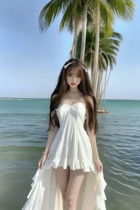 Beautiful woman with perfect body：1.4，Layered Hairstyle，Highly detailed face and skin textures，Double eyelids，Skin Whitening，Long hair，Whitened long legs，（Princess dress，Chest chain），Standing by the sea，Half-length photo