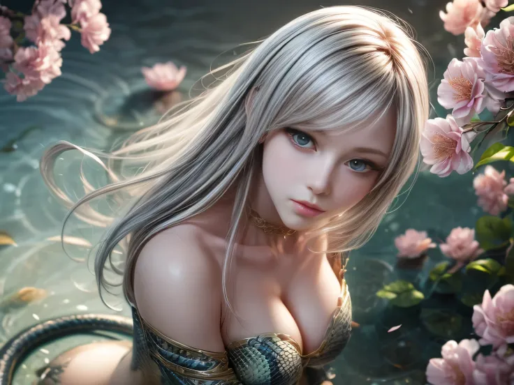 (Best Quality, 8K, Masterpiece, HDR, Soft Lighting, Picture Perfect, Realistic, Vivid), White Snake Girl (1.0), Naga Girl (1.0), Snake Girl, Snake Girl with White Hair and Sexy Open Scales pink bodysuit snake texture, Beautiful Anime fantasy, Very beautifu...