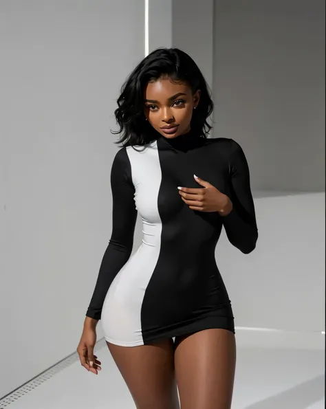 ((Beautiful teen girl, Yara Shahidi, KIKI Layne, Kylie Jenner, Maitreyi Ramakrishnan, 18 years)), Wearing tight white and black cotton-Lycra-fabric long sleeve mini dress, round breasts, slim waist, big hips, beautiful soft thighs, beautiful legs, ((allaig...