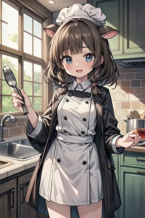 ((Masterpiece)), ((best quality)), (Anime:1.4), (super detail:1.2), (High Definition:1.3), (Professional Photography:1.3), (wide shot), (sharp focus), (perfect light), ((12 years old)), 1girl, ((wearing chef coat)), chef hat, cinematic lighting, Textured s...