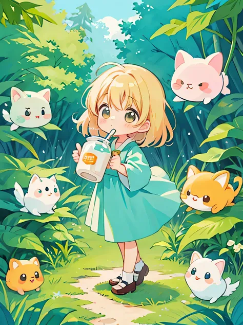 watase Seizo style, Kawaii Design, The most beautiful girl of all time、Chibi, Drinking milk、Colorful and cute forest animals