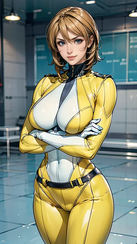 (masterpiece),(highest quality),(Very detailed),(High resolution),(Photorealistic Stick),(Realistic),(8k),(((SFW:1.5))),wallpaper,Perfect lighting,BREAK(One Woman),((MoriYuki:1.5)),(MoriBodysuit, yellow bodysuit, belt:1.5),(MoriUniform, white gloves, milit...