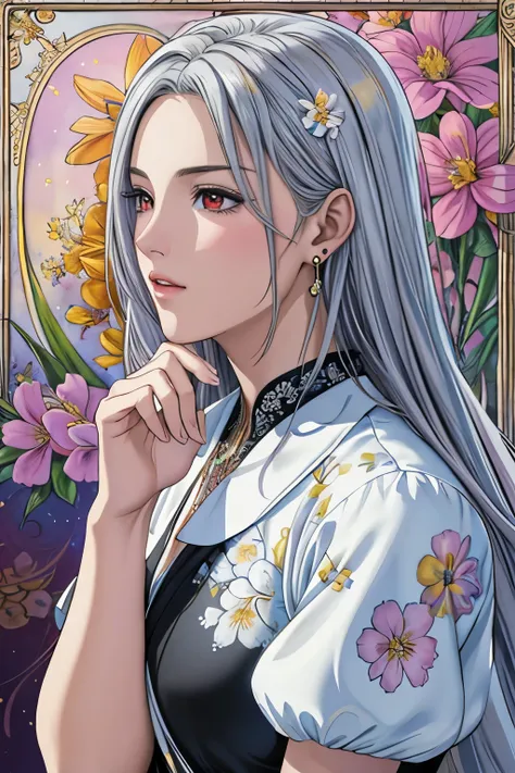 (​masterpiece, top-quality, top-quality, Official art, Beautifully Aesthetic:1.2), red eyes, (highest quality, masterpiece painting:1.3), immature woman, 16 years old, (half body shot), masterpiece, ultra high resolution, (((Flower frame, A lot of flowers ...