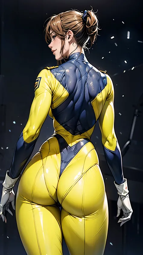 (masterpiece),(highest quality),(Very detailed),(High resolution),(Photorealistic Stick),(Realistic),(8k),wallpaper,Perfect lighting,BREAK(One Woman),((MoriYuki:1.5)),(MoriBodysuit, yellow bodysuit, belt:1.5),(MoriUniform, white gloves, military uniform, b...