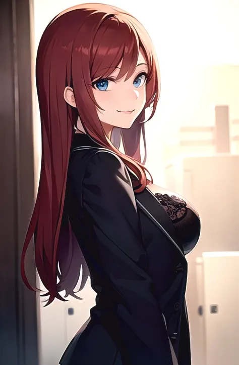 1girl, anime_coloring, blue _eyes, red_hair, long hair, smile, solo, style_parody, / photography of a 20yo woman, perfect face, masterpiece, bra, underwear, black_bra, jacket, black_panties