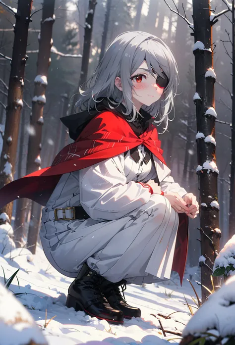 Laurabodewig, Laura Bodewig, Long Hair, (Red eyes:1.3), Grey Hair, Eye patch,smile,smile,blush,White Breath,
Open your mouth,snow,A bonfire on the ground,,Outdoor, boots, snowing, From the side, wood, suitcase, Cape, Blurred, , forest, White handbag, natur...