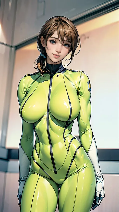 (masterpiece),(highest quality),(Very detailed),(High resolution),(Photorealistic Stick),(Realistic),(8k),(((SFW:1.5))),wallpaper,Perfect lighting,BREAK(One Woman),((MoriYuki:1.5)),(MoriBodysuit, yellow bodysuit, belt:1.5),(MoriUniform, white gloves, milit...