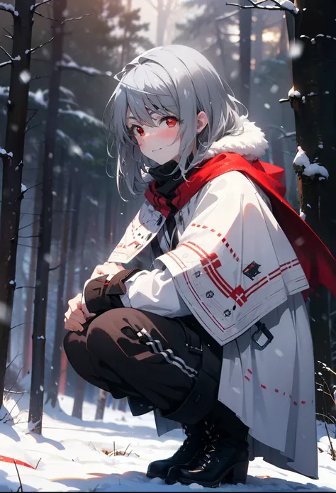 Laurabodewig, Laura Bodewig, Long Hair, (Red eyes:1.3), Grey Hair, Eye patch,smile,smile,blush,White Breath,
Open your mouth,snow,A bonfire on the ground,,Outdoor, boots, snowing, From the side, wood, suitcase, Cape, Blurred, , forest, White handbag, natur...