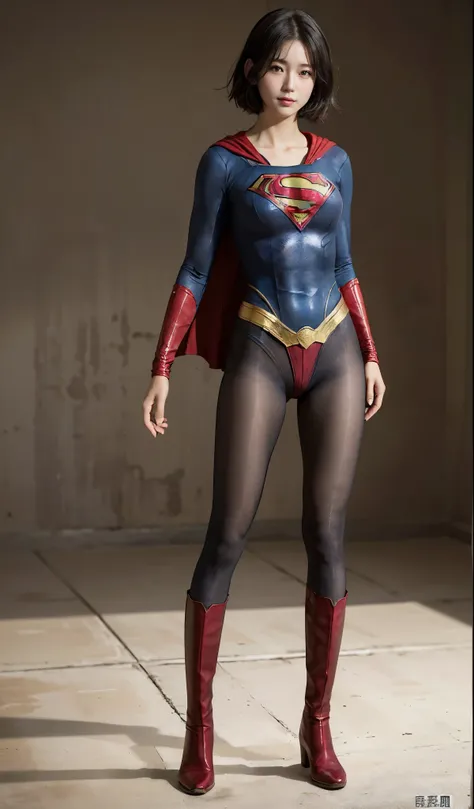 No background、(((Beautiful legs in black tights.)))、(((Legally express the beauty of your smile)))、((((Make the most of your original images)))、(((Supergirl Costume)))、(((Beautiful very short hair)))、(((suffering)))、(((Please wear black tights....、Wear red...