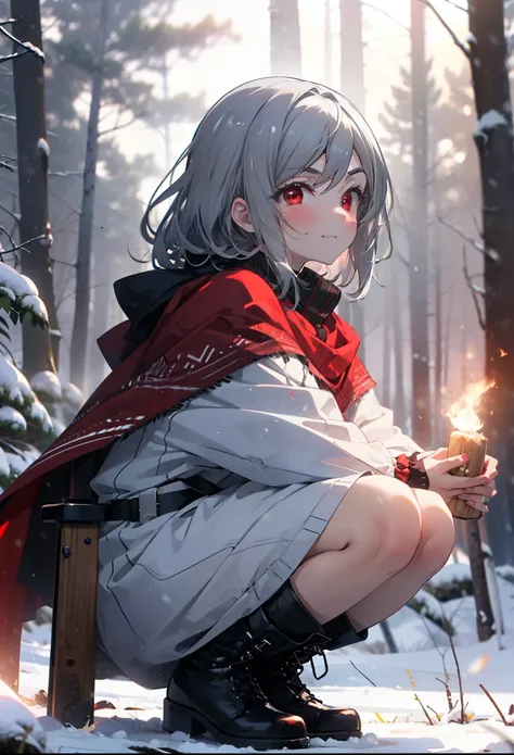 Laurabodewig, Laura Bodewig, Long Hair, (Red eyes:1.3), Grey Hair, Eye patch,smile,smile,blush,White Breath,
Open your mouth,snow,A bonfire on the ground,,Outdoor, boots, snowing, From the side, wood, suitcase, Cape, Blurred, , forest, White handbag, natur...