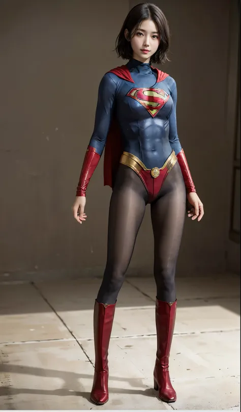 No background、(((Beautiful legs in black tights.)))、(((Legally express the beauty of your smile)))、((((Make the most of your original images)))、(((Supergirl Costume)))、(((Beautiful very short hair)))、(((suffering)))、(((Please wear black tights....、Wear red...