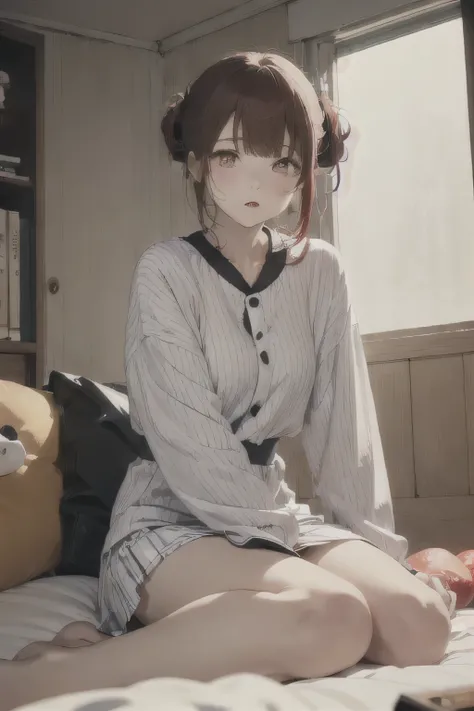 1 girl, Redhead, Updo, Facial hair stripes, Red eyes, mascara, abdomen, skirt, Sagging under the eyes, Sitting,Ground angle shot, Viewers looking up, Impact, 8k, masterpiece,color、Loungewear、Simple clothes、dinner、