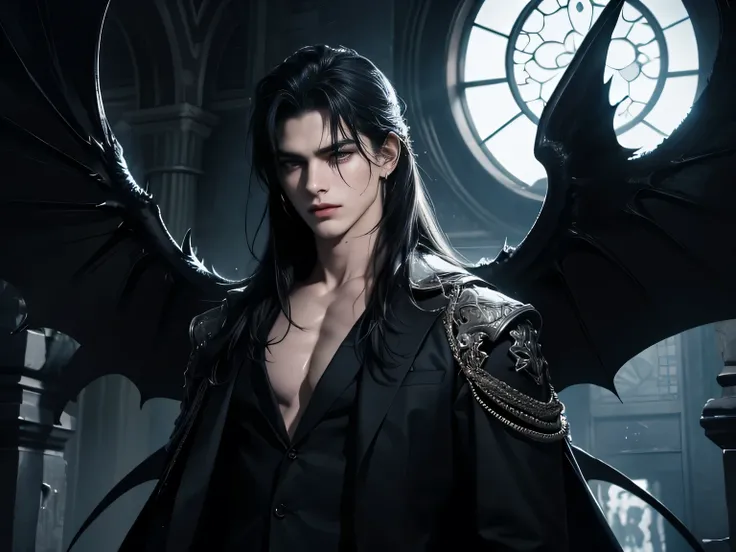 he is a handsome demon, he is 18 years old, he has white skin, he has black demon wings, long black hair