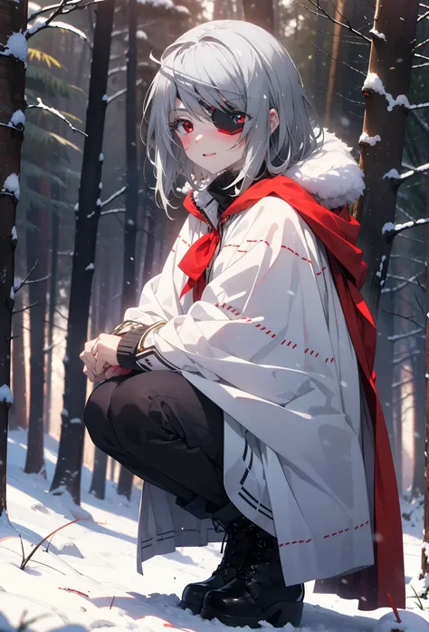 Laurabodewig, Laura Bodewig, Long Hair, (Red eyes:1.3), Grey Hair, Eye patch,smile,smile,blush,White Breath,
Open your mouth,snow,A bonfire on the ground,,Outdoor, boots, snowing, From the side, wood, suitcase, Cape, Blurred, , forest, White handbag, natur...