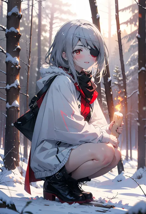 Laurabodewig, Laura Bodewig, Long Hair, (Red eyes:1.3), Grey Hair, Eye patch,smile,smile,blush,White Breath,
Open your mouth,snow,A bonfire on the ground,,Outdoor, boots, snowing, From the side, wood, suitcase, Cape, Blurred, , forest, White handbag, natur...