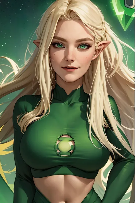 woman, long blonde hair, dark eyes, happy face, crop top with long sleeves, wearing a green ring, space background, huge breasts...