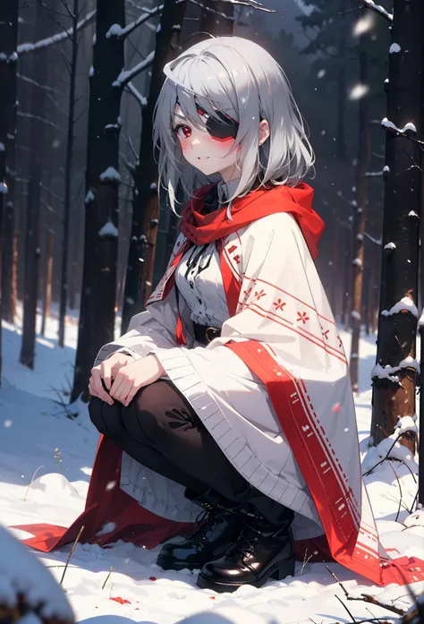 Laurabodewig, Laura Bodewig, Long Hair, (Red eyes:1.3), Grey Hair, Eye patch,smile,smile,blush,White Breath,
Open your mouth,snow,A bonfire on the ground,,Outdoor, boots, snowing, From the side, wood, suitcase, Cape, Blurred, , forest, White handbag, natur...