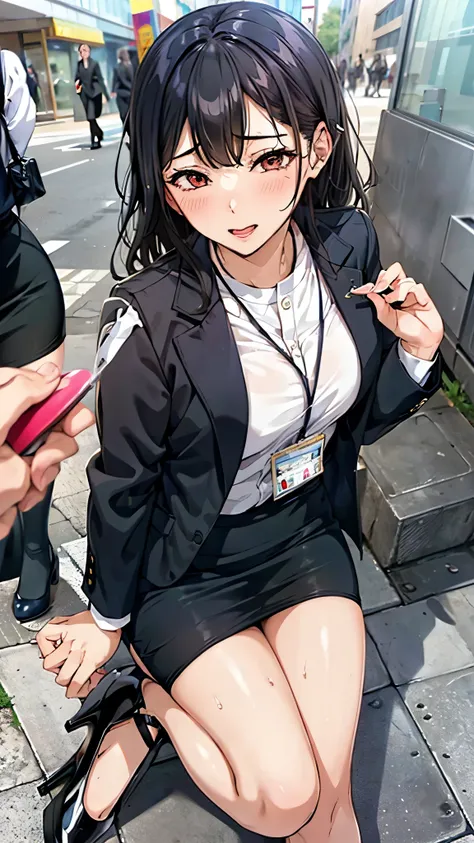 publishable images:2.0,company receptionist,leg spread,id card,sweat,disheveled hair,job hunting suit:1.5,ahegao,orgasm:1.5, pen...