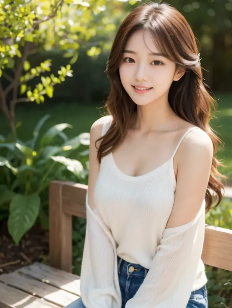 A pure and sweet Korean girl, her skin is fair and flawless, her eyes are charming and profound, and her face is exquisite and beautiful. Her lips curved into a charming smile, revealing a pleasant smile. Her brown hair is naturally curly and soft, draped ...