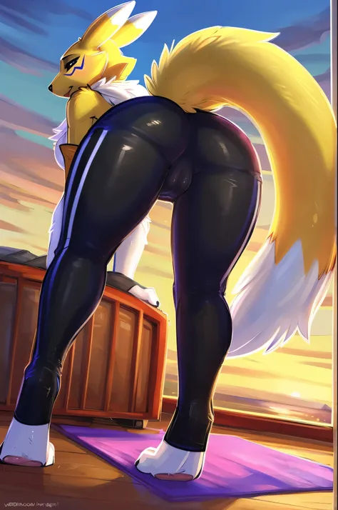 [by dacad],[by dimwitdog],[by notafurrytho],[by seibear], [by dangpa], [by ravieel], [by meesh], [by zaush], (renamon), female, (smooth colors), fine breasts, bed, day, ass, beautifull body, verry detailed body, (long Tail), (ffluffy tail), (tight yoga pan...