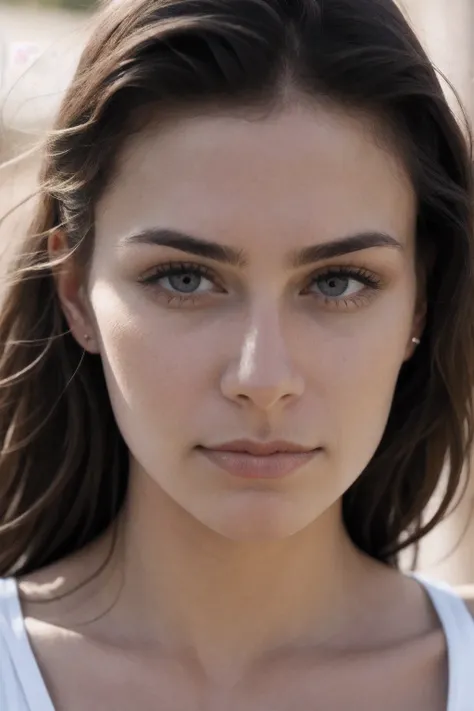 close up shot of beautiful woman with symmetrical face, epic composition, solarisation
