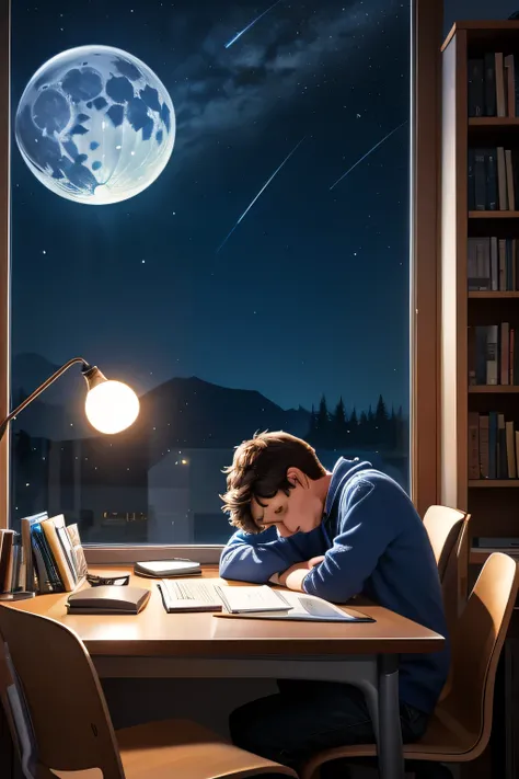 Create a cartoon-style image depicting a male student programmer learning Object-Oriented Programming (OOP) at night. The scene is set in a cozy room dominated by cool blue tones, with a warm desk lamp providing the only source of warm light. The student i...