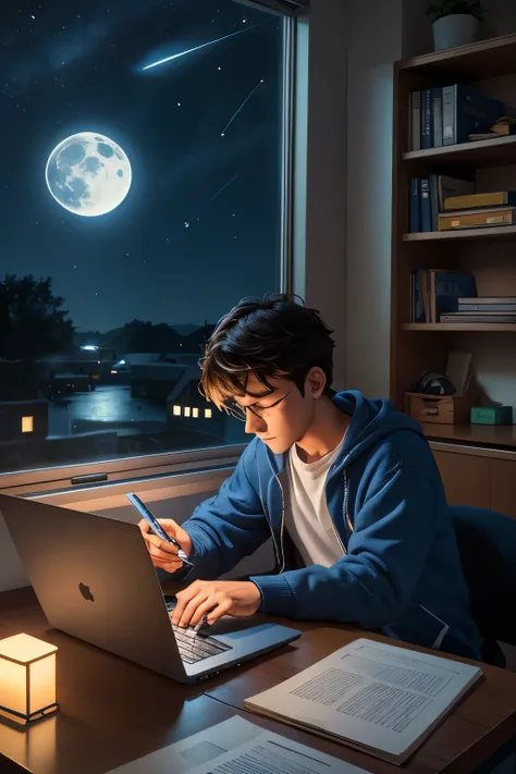 create a cartoon-style image depicting a male student programmer learning object-oriented programming (oop) at night. the scene ...