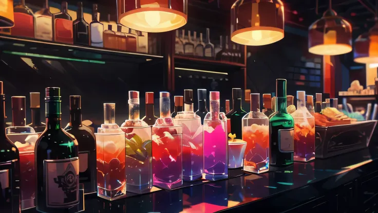 served at a retrowave tech bar next to a miami beach cocktail maker、a delicious and colorful cocktail bursting with dark synthwa...