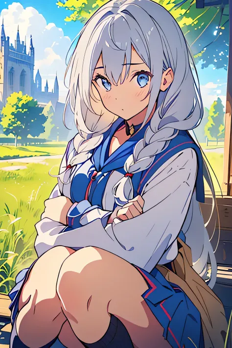 ((highest quality)), ((masterpiece)), (be familiar with),((Perfect Face)),((Grey Medieval European School Uniform)),((Hairstyle: long braided hair)),((Silver Hair)),((17-year-old girl)),((Mysterious face)),((Blue Eyes)),((Outdoor)),((European Plains)),((Cr...