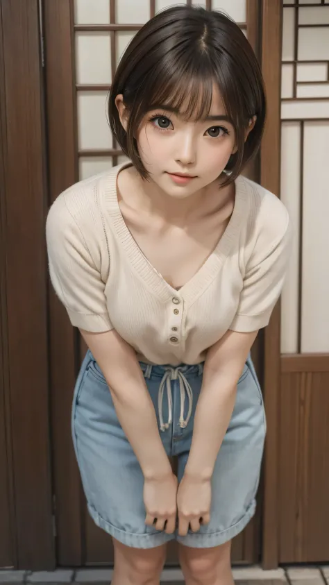 Detailed face, Cute Face,Brown eyes, ((Are standing)) , (Hands on knees) , Leaning forward , masterpiece , highest quality , Very detailed , (Mature Woman) , Super Short Hair, side lock hair, Japanese