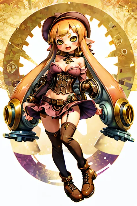 Realistic, High resolution, Real Anime、3D、Splatoon Girl、 Hip Up, Beautiful Eyes, Golden Eyes、Long golden tentacle hair, gigantic breast、Cleavage、Open front clothing、jewelry, tattoo, Micro Mini Skirt, Knee socks, Have, jewelry, boots, belt, lips, zettai ryo...