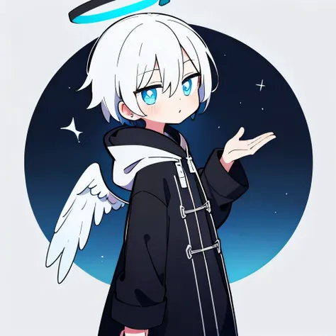 one boy, alone, short hair, (white hair, blue eyes with vertical pupils), angel halo, black long coat, black fur hood, angel&#39...