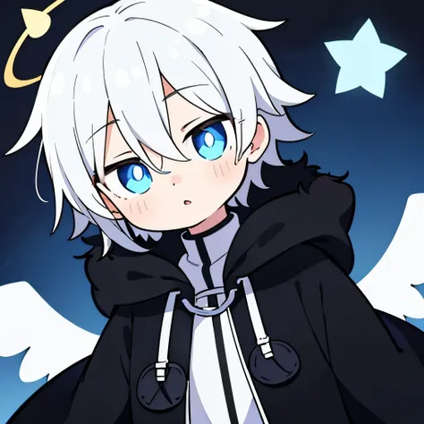 one boy, alone, short hair, (white hair, blue eyes with vertical pupils), angel halo, black long coat, black fur hood, angel&#39...