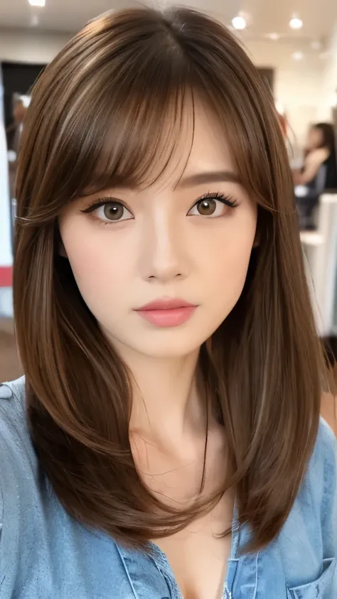 Best quality, 8k, ,Masterpiece :1.3)), facing viewer,((full body1.2)) ,pretty woman, wide shot ,1girl, , selfie , , Hair salon, brown hair , bangs,ultra-detailed face, highly detailed lips, detailed eyes, double eyelid
