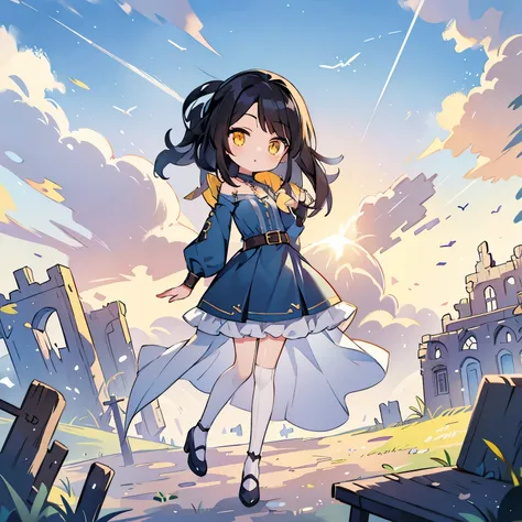 1 girl, black hair, yellow eyes, fantasy world, ruins, fort, beautiful sky, shining sky, sunshine, horizon, camisoles, belts, blue clothes, cross choker, wind blowing dress, lace dress, off-shoulder sleeves, white legwear