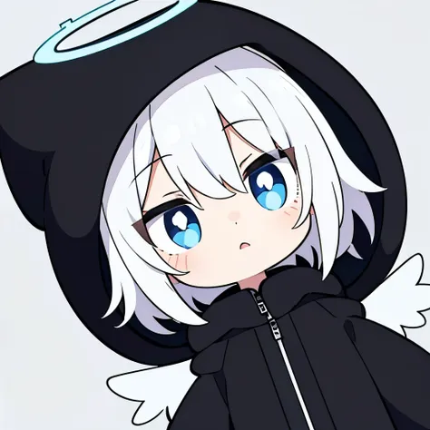 one boy, alone, short hair, (white hair, blue eyes with vertical pupils), angel halo, black long coat, black fur hood, angel&#39...