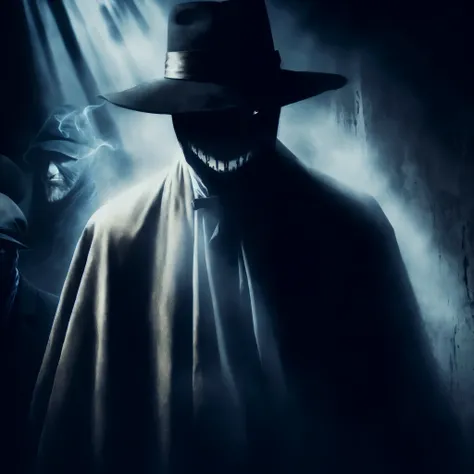 arafed man in a hat and cloak with a cigarette in his hand, mysterious man, the mysterious stranger, dark hat, rorschach, the plaguefather, the shadow, ghostface, poster shot, hd wallpaper, hq 4k wallpaper, lurking in the shadows, mysterious figure, jack t...