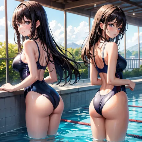 (4K,masterpiece,best quality),on school pool side,semi-long hair,medium hair,long hair,brown hair,detailed face,light smile,shy,(fullpage of (two japanese women)),(35 years old):1.2,slender body,finely detailed skin,beautiful eyes,medium breast,beautiful h...