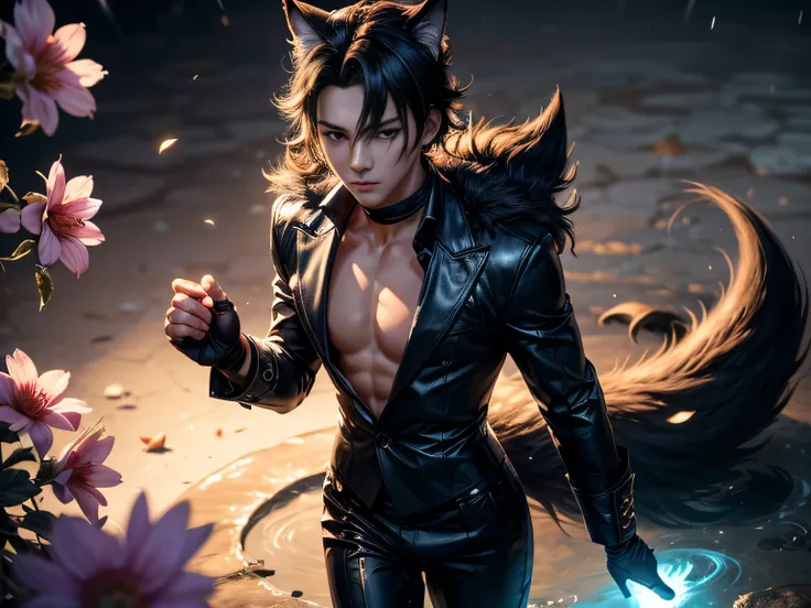 (Best Quality, 8K, Masterpiece, HDR, Soft Lighting, Picture Perfect, Realistic, Vivid), Nine Tails of a Black Fox (1.0), Tail of a Black Fox (1.0), Nine-Tailed Fox, Guy Fox with Black Hair and Blue Suit Sexy open leather suit, naked torso with developed bo...